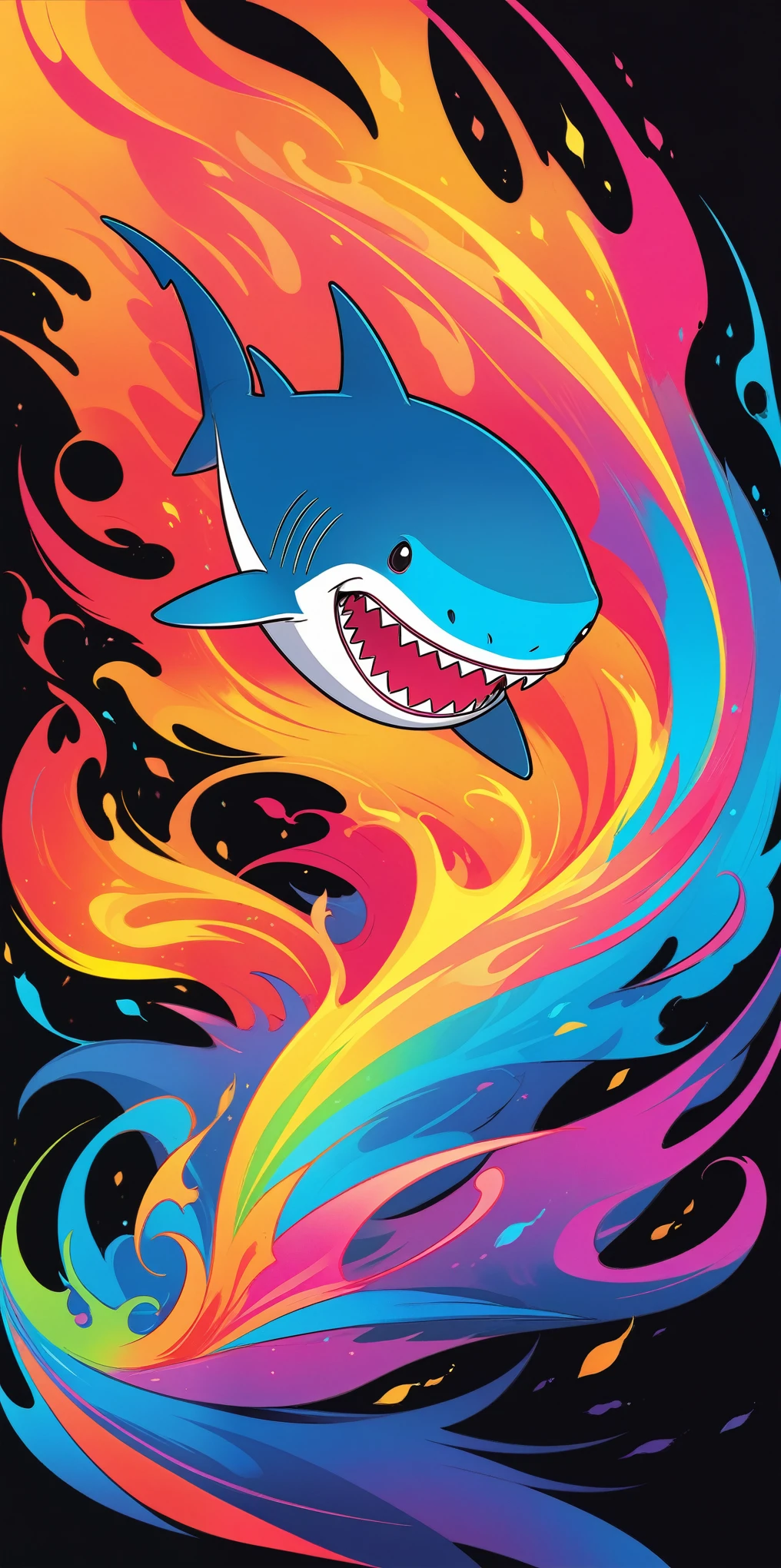 A colorful neon rainbow smoke of a shark on the fire, an ethereal flame from shark, vibrant colors, in the style of vector art, isolated on a black background with no shadows in the anime. --s 800 --style raw --niji 6, 
