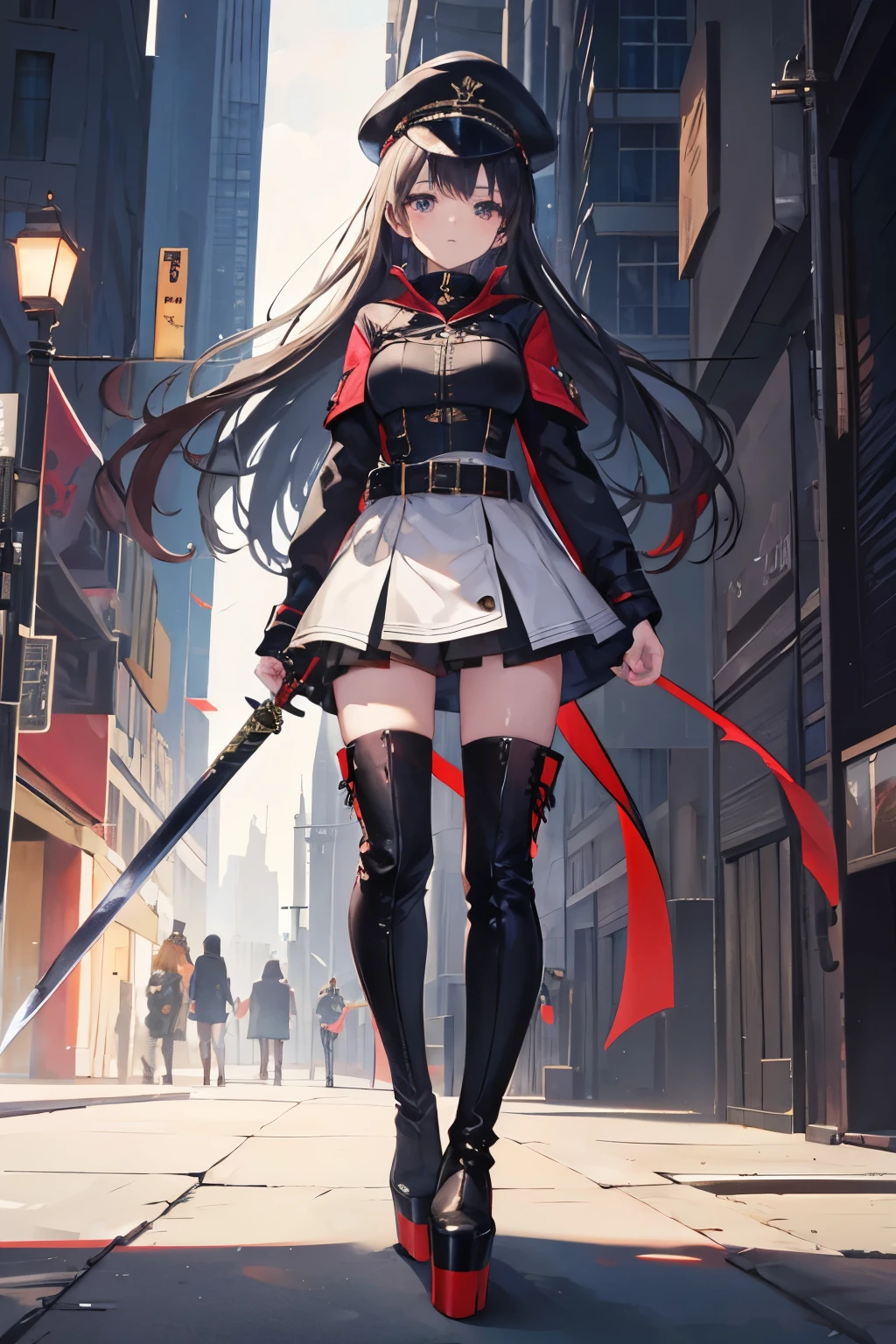 girl, thigh high boots, platform boots, lace up boots, standing, holding sword, city