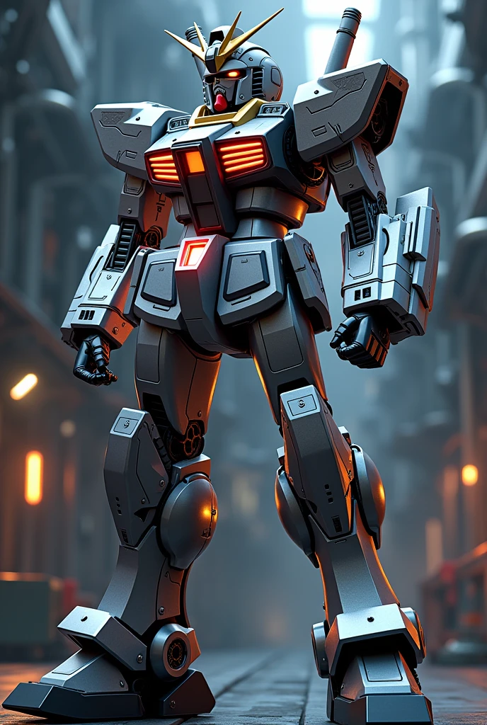 realistic gundam mecha,highly detailed,mecha engineering,intricate mechanical design,3d render,hyper realistic,8k, (best quality,4k,8k,highres,masterpiece:1.2),ultra-detailed,(realistic,photorealistic,photo-realistic:1.37),industrial machinery,complex engineering,futuristic technology,gleaming metal surfaces,dynamic pose,intricate panel lines,glowing neon highlights,dramatic lighting,cinematic composition