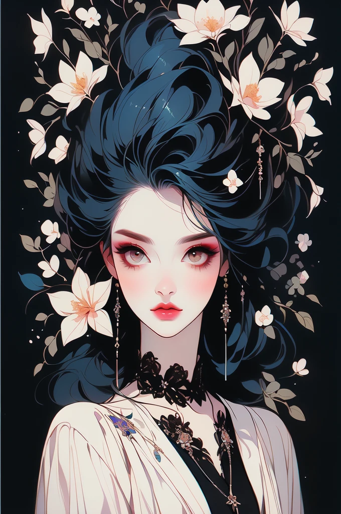 a painting of a woman with a black dress and flowers, inspired by Kelly McKernan, inspired by Harumi Hironaka, inspired by Sandra Chevrier, inspired by Nene Thomas, style of charlie bowater, tom bagshaw style, jana brike art, neoartcore and charlie bowater, in style of tom bagshaw, in style of charlie bowater