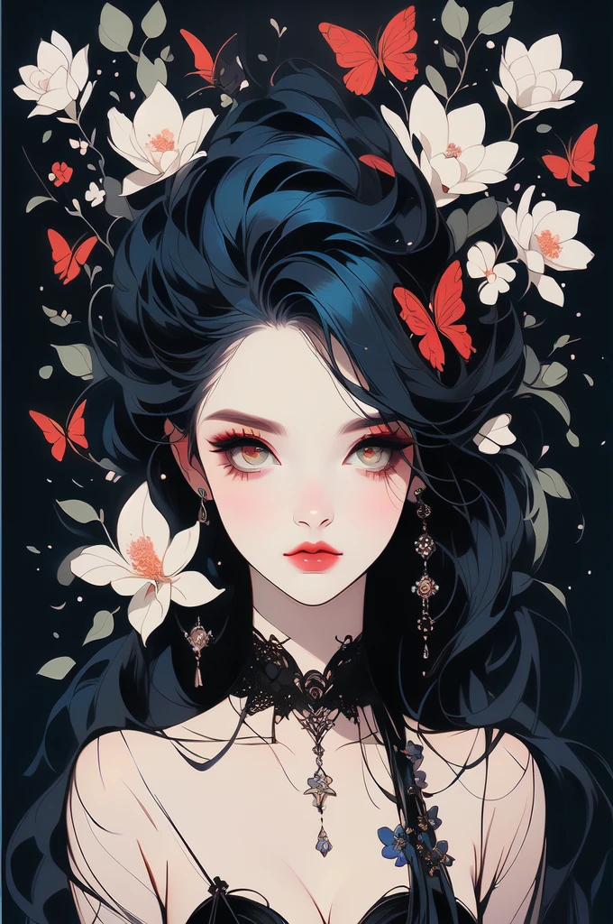 a painting of a woman with a black dress and flowers, inspired by Kelly McKernan, inspired by Harumi Hironaka, inspired by Sandra Chevrier, inspired by Nene Thomas, style of charlie bowater, tom bagshaw style, jana brike art, neoartcore and charlie bowater, in style of tom bagshaw, in style of charlie bowater
