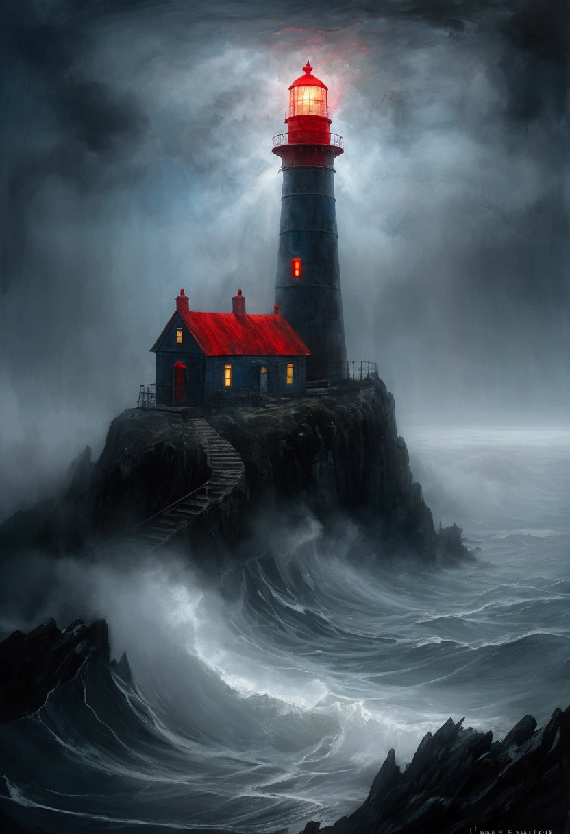 intricate Shrouded in thick fog island, atmospheric mysterious landscape, fantastic moody weather, dramatic lighting, cinematic composition, ethereal vibe, deep blues and grays, fantasy art, concept art,  (oil painting), Black and White, poor visibility, (Inspiration comes from：James Ensor),The lighthouse emits a red light.