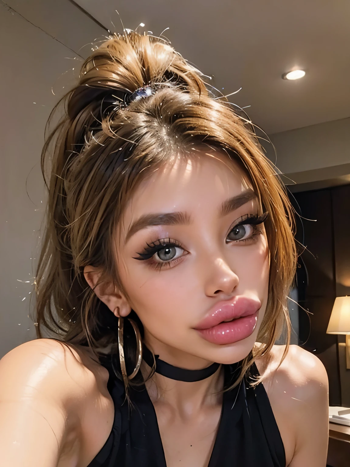 1girl, plain background, beautiful face, blonde hair, cute, bimbolips, huge lips dimples, cheekbones, selfie, bangs, high ponytail, blonde, blonde hair, eyeliner, eye shadow, indoors, one hand selfie, choker, hoop earrings, head tilt