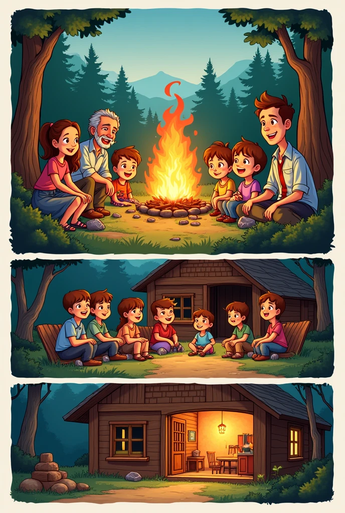 Give me a picture of a comic and they have a 6 panels in the comics
In the first panel is there was a huge family reunion camping and in the middle was the campfire and in the second panel theres three brothers and sisters gathered and they talking in the middle of the campfire and the third panel Their grandpaernts and the let them inside the hut and on the fourth panel they enter the hut where they stay inside