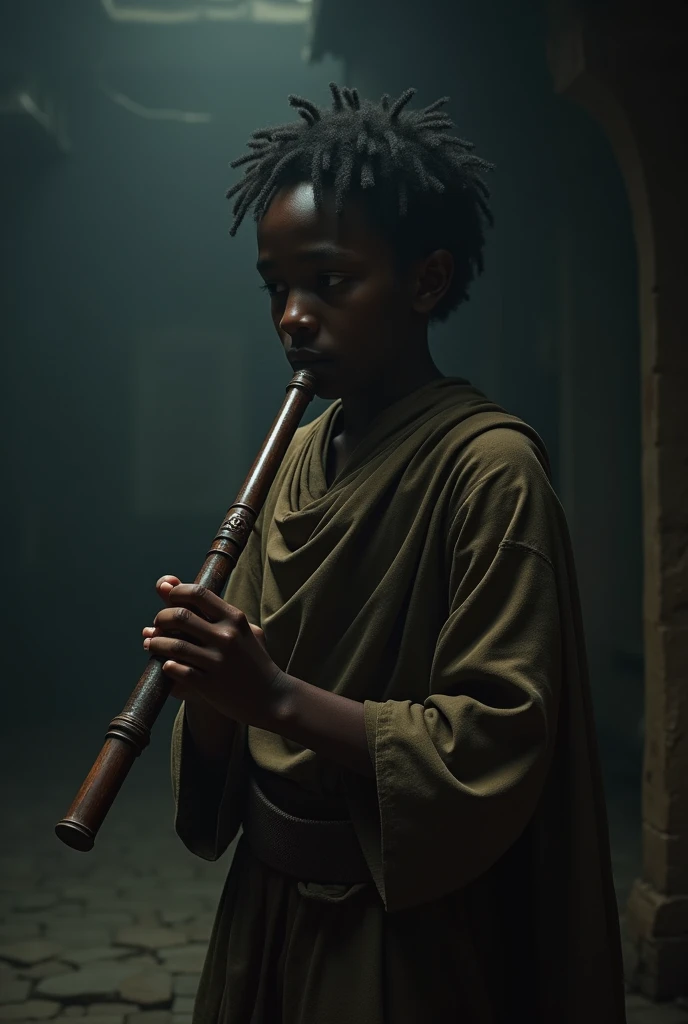 An ethiopian boy playing an ethiopian flute ,he is looking sad and super hero and make it at dark place