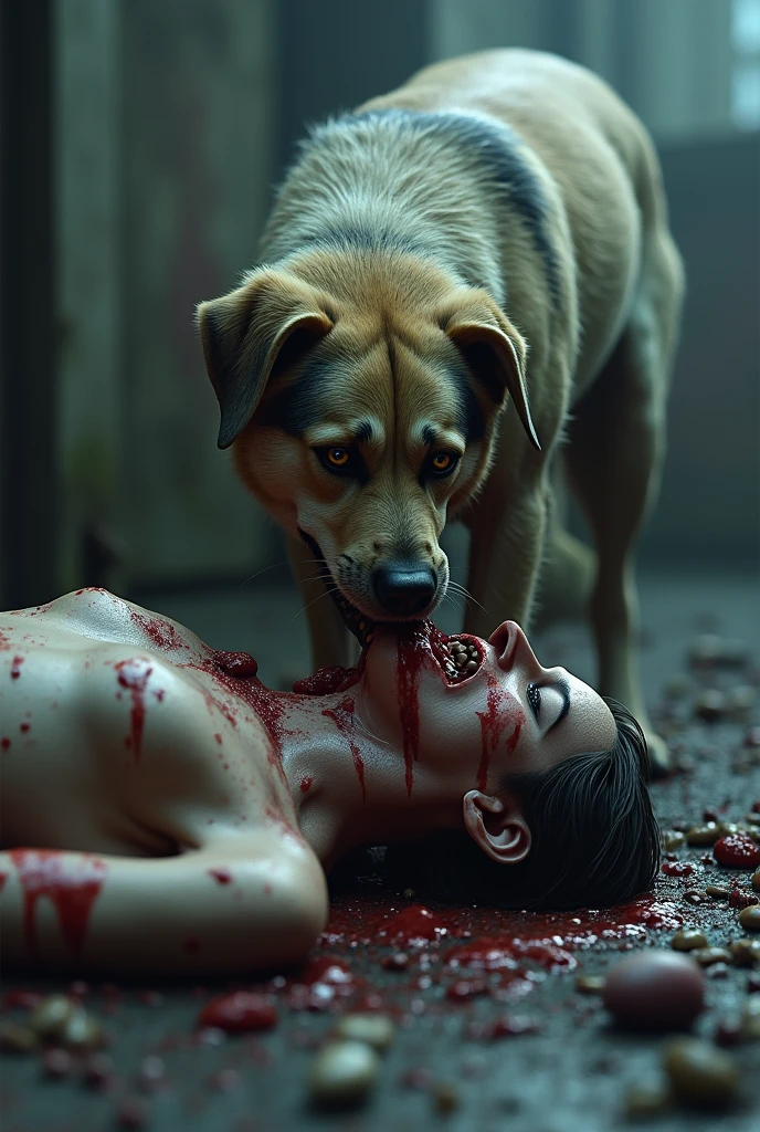 (photorealism:1.2) dog eating human corpses with dead eyes and a bloody mouth while smiling
