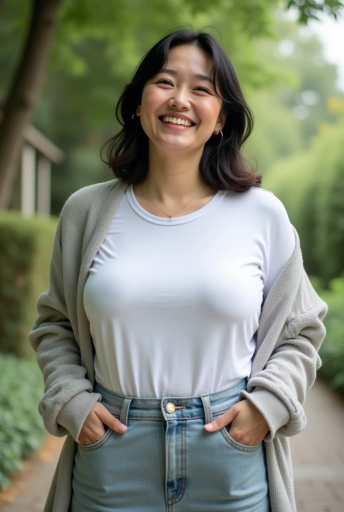 mature and attractive woman、35 years old、1 person、bbw、Jacket,white t-shirt, skirt、big breasts、laughter、masterpiece、highest quality、Japanese、date、facing this way、Highest image quality、surreal、natural makeup