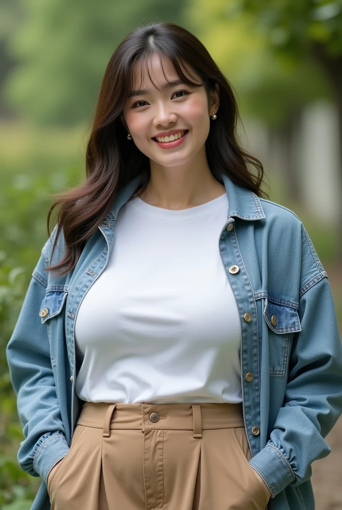 mature and attractive woman、35 years old、1 person、bbw、Jacket,white t-shirt, skirt、big breasts、laughter、masterpiece、highest quality、Japanese、date、facing this way、Highest image quality、surreal、natural makeup