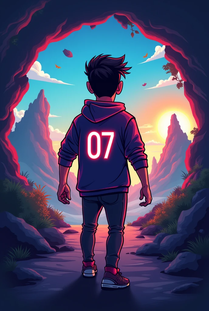 Gaming logo for my youtube channel I am a young Indian man of age 23 with a little beard write TJ on back with number 07 entering into a gaming world Making it a little cartoonish It should look like an eSports player