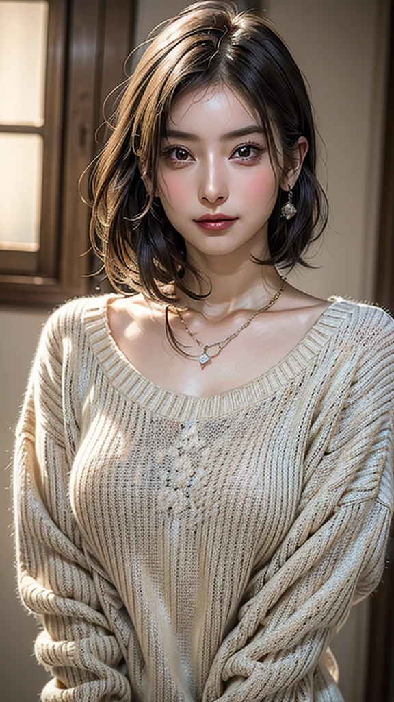 ((Beautiful Face:1.4)), (Purelos Face_v1: 1.0), (Highest quality, 8k, 32K, masterpiece, Ultra-high resolution:1.2),Beautiful Japanese Women Photos, Large Breasts, Very short bob hair,Upper Body,(Extra Large_sweater,:1.1) necklace, Simple Background, Look around,