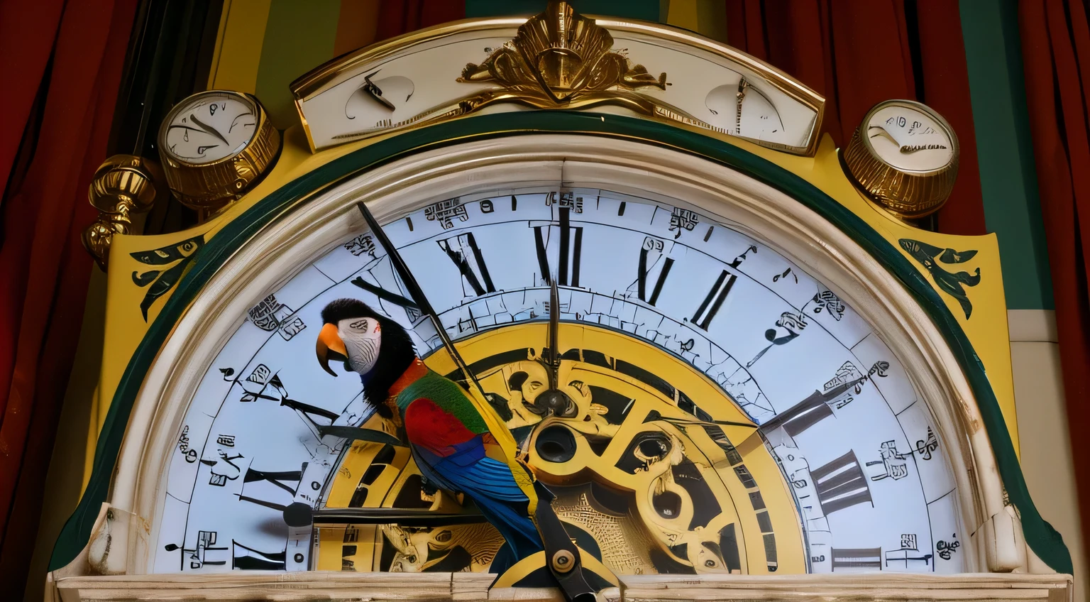 On the dial lies a parrot