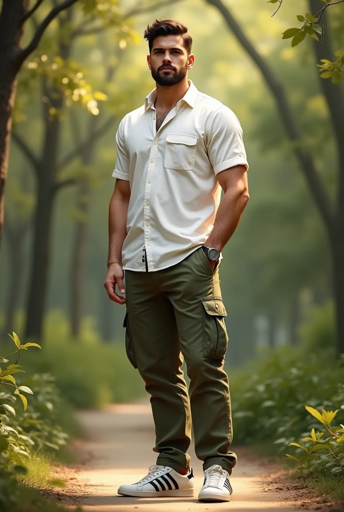 A tall dark handsome man, standing, wearing white shirt on top with olive cargo pants and casual Adidas shoes. Short black hair, soft lighting, outdoor in natural park, calm and relaxed pose, realistic, intricate details, warm colors