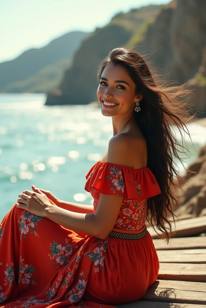 1 beautiful brunette girl, wavy hair, smiling, large breasts, sitting with legs outstretched, photo of Mexican woman in traditional Mexican dress, sitting on the jetties, ocean in the background, photorealistic, cinematic lighting, 8k, high quality, intricate details, soft focus, natural skin textures, warm color palette