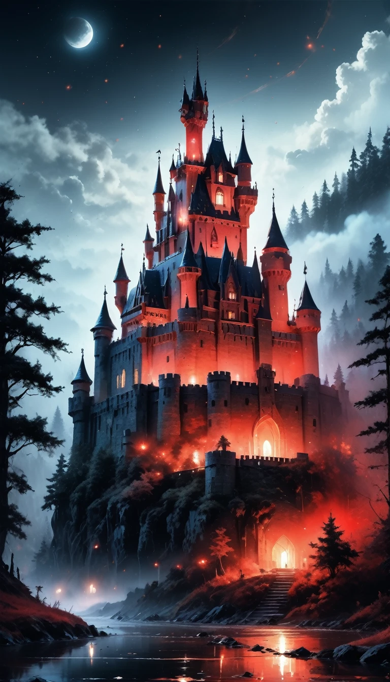 a picture of mist covered fantasy castle at night, half covered by a ((mist: 1,5)),  a dark fantasy castle, (goth castle: 1.4), with towers and (red light : 1.4) coming out of the windows, the castle sits on a hill with few trees, the ((mist covers the ground and some of the castle)), it is night time, the blue moon is full, dynamic color moon, some stars, dark fantasy forest,  (best details, Masterpiece, best quality :1.5), ultra best realistic pictures , best details, best quality, 16k, [ultra detailed], masterpiece, best quality, (extremely detailed), ultra wide shot, photorealism, depth of field,