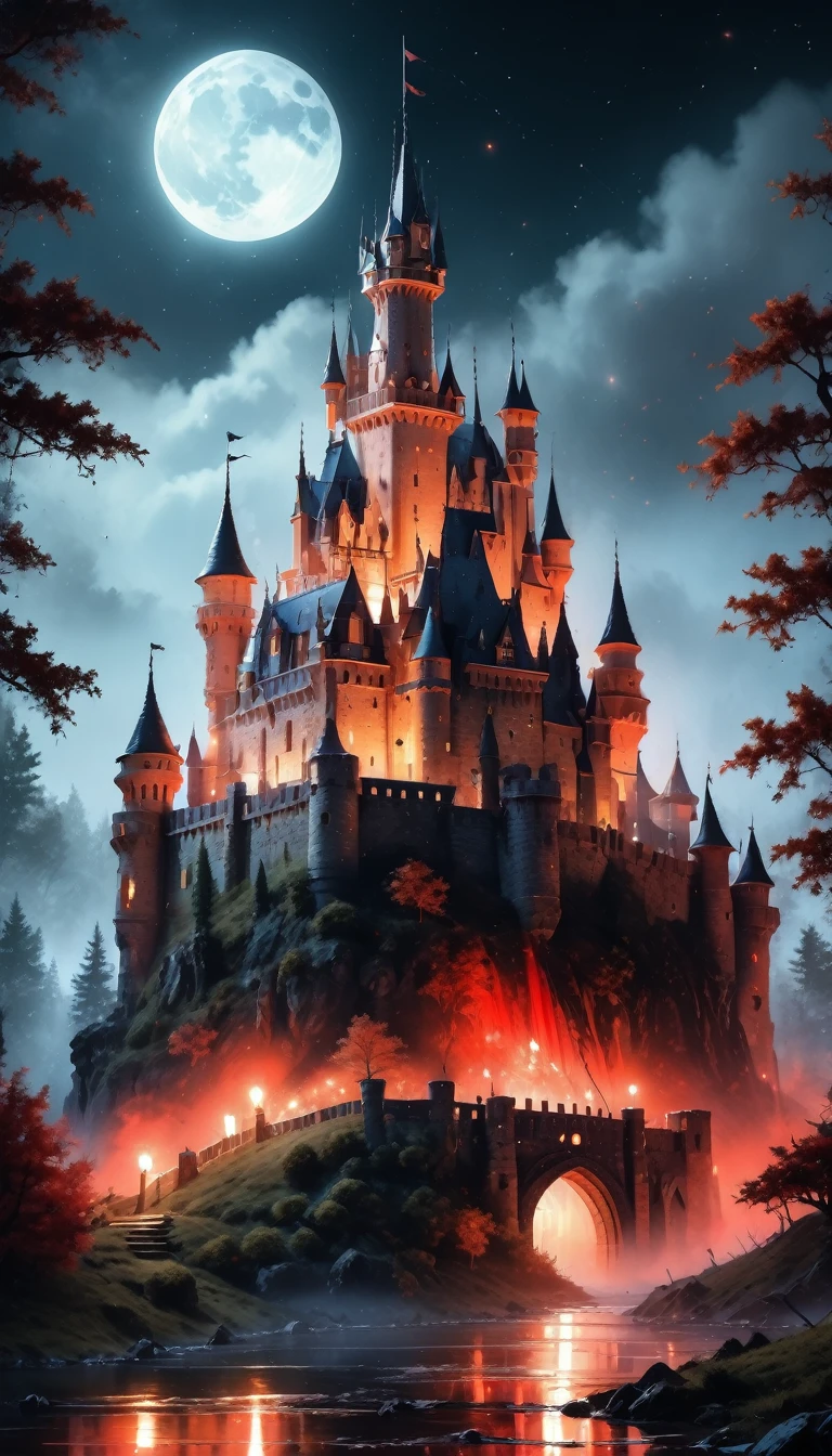 a picture of mist covered fantasy castle at night, half covered by a ((mist: 1,5)),  a dark fantasy castle, (goth castle: 1.4), with towers and (red light : 1.4) coming out of the windows, the castle sits on a hill with few trees, the ((mist covers the ground and some of the castle)), it is night time, the blue moon is full, dynamic color moon, some stars, dark fantasy forest,  (best details, Masterpiece, best quality :1.5), ultra best realistic pictures , best details, best quality, 16k, [ultra detailed], masterpiece, best quality, (extremely detailed), ultra wide shot, photorealism, depth of field,