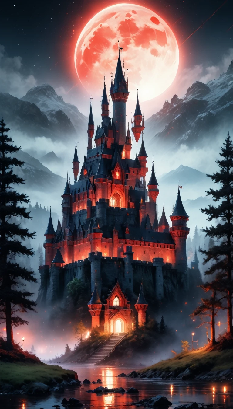 a picture of mist covered fantasy castle at night, half covered by a ((mist: 1,5)),  a dark fantasy castle, (goth castle: 1.4), with towers and (red light : 1.4) coming out of the windows, the castle sits on a hill with few trees, the ((mist covers the ground and some of the castle)), it is night time, the blue moon is full, dynamic color moon, some stars, dark fantasy forest,  (best details, Masterpiece, best quality :1.5), ultra best realistic pictures , best details, best quality, 16k, [ultra detailed], masterpiece, best quality, (extremely detailed), ultra wide shot, photorealism, depth of field,