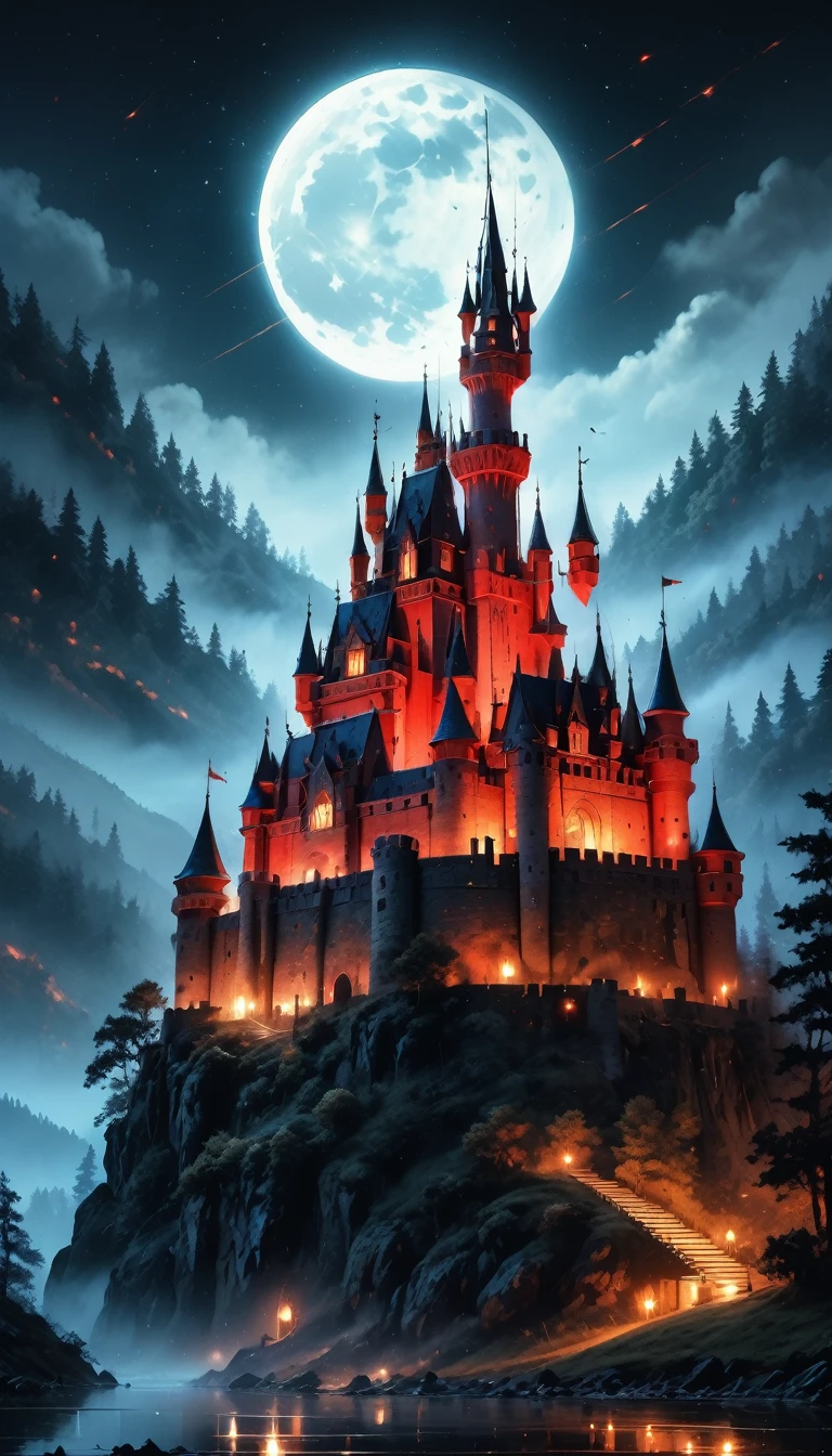 a picture of mist covered fantasy castle at night, half covered by a ((mist: 1,5)),  a dark fantasy castle, (goth castle: 1.4), with towers and (red light : 1.4) coming out of the windows, the castle sits on a hill with few trees, the ((mist covers the ground and some of the castle)), it is night time, the blue moon is full, dynamic color moon, some stars, dark fantasy forest,  (best details, Masterpiece, best quality :1.5), ultra best realistic pictures , best details, best quality, 16k, [ultra detailed], masterpiece, best quality, (extremely detailed), ultra wide shot, photorealism, depth of field,