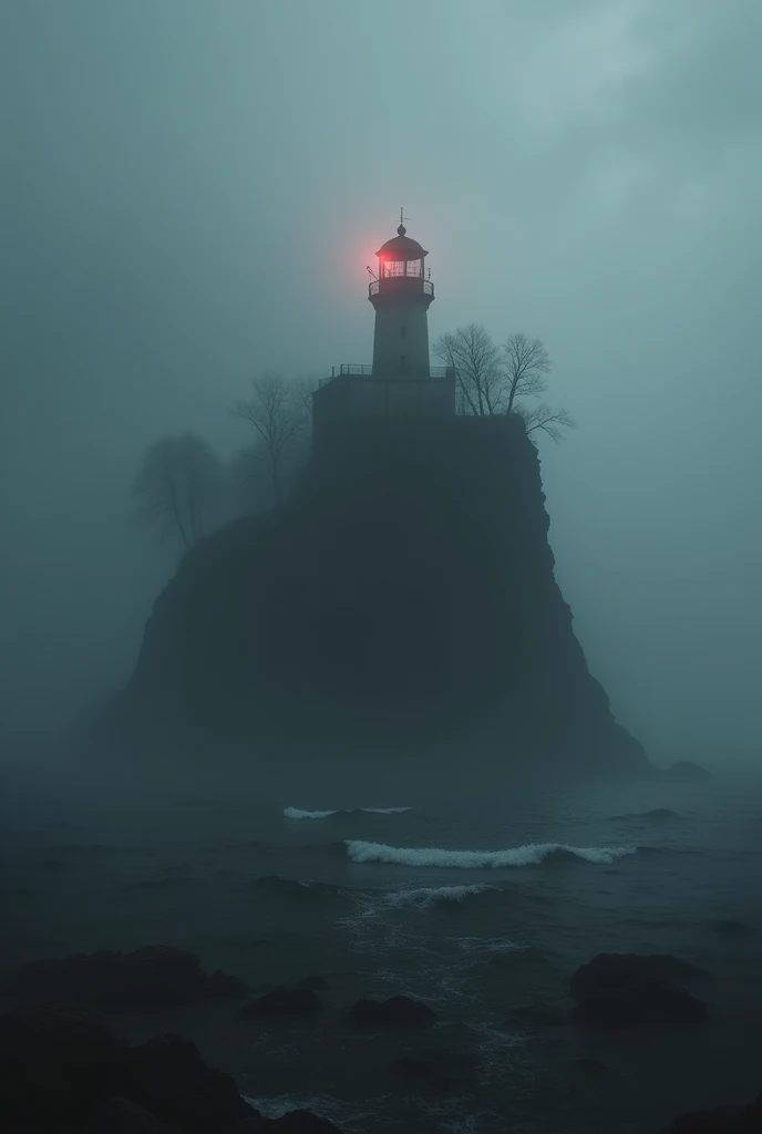 intricate Shrouded in thick fog island, atmospheric mysterious landscape, fantastic moody weather, dramatic lighting, cinematic composition, ethereal vibe, deep blues and grays, fantasy art, concept art, (oil painting), Black and White, poor visibility, (Inspiration comes from:James Ensor),The lighthouse emits a red light.