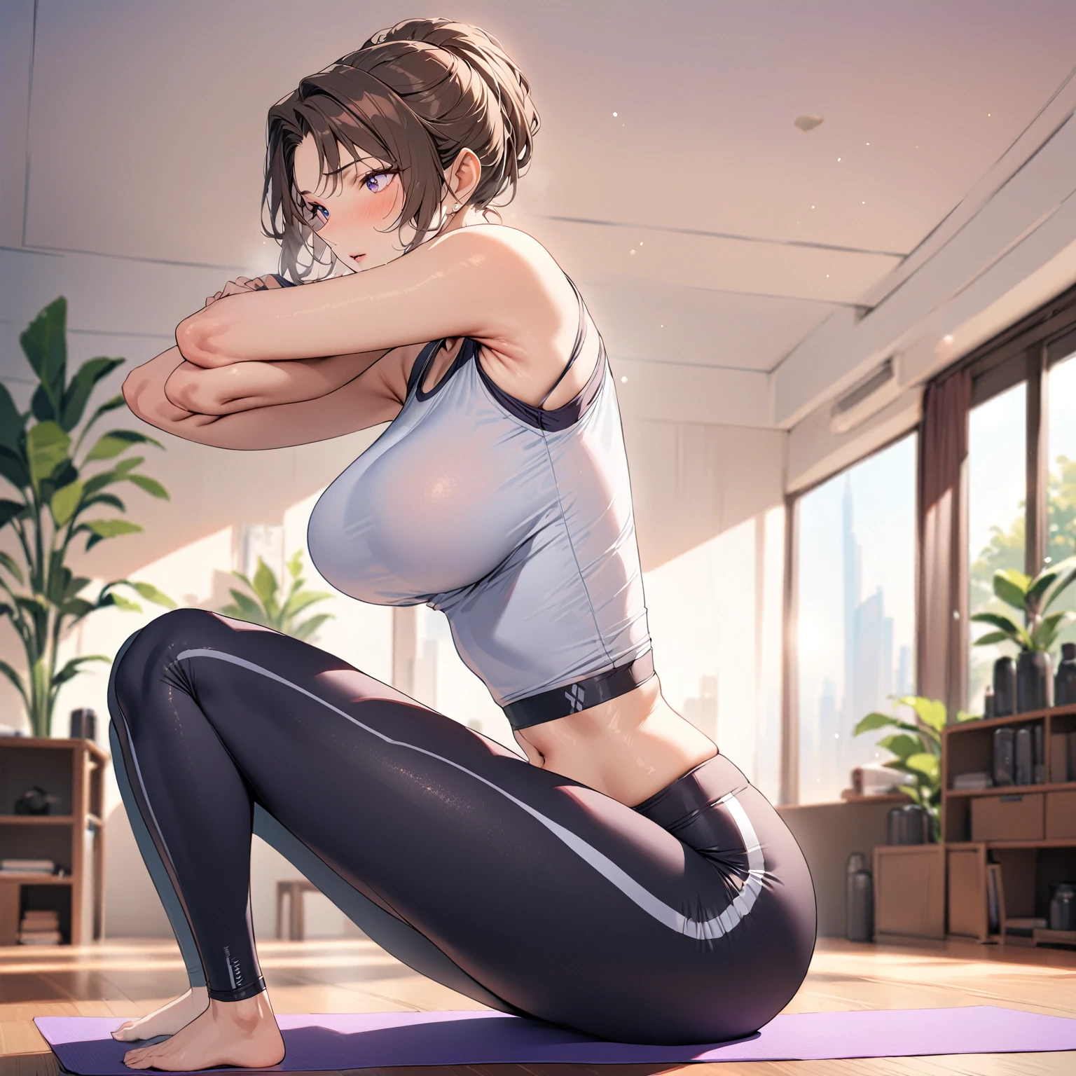 Wearing yoga clothes，Practicing yoga，（highest quality，masterpiece，mature woman，brown hair：1.4）