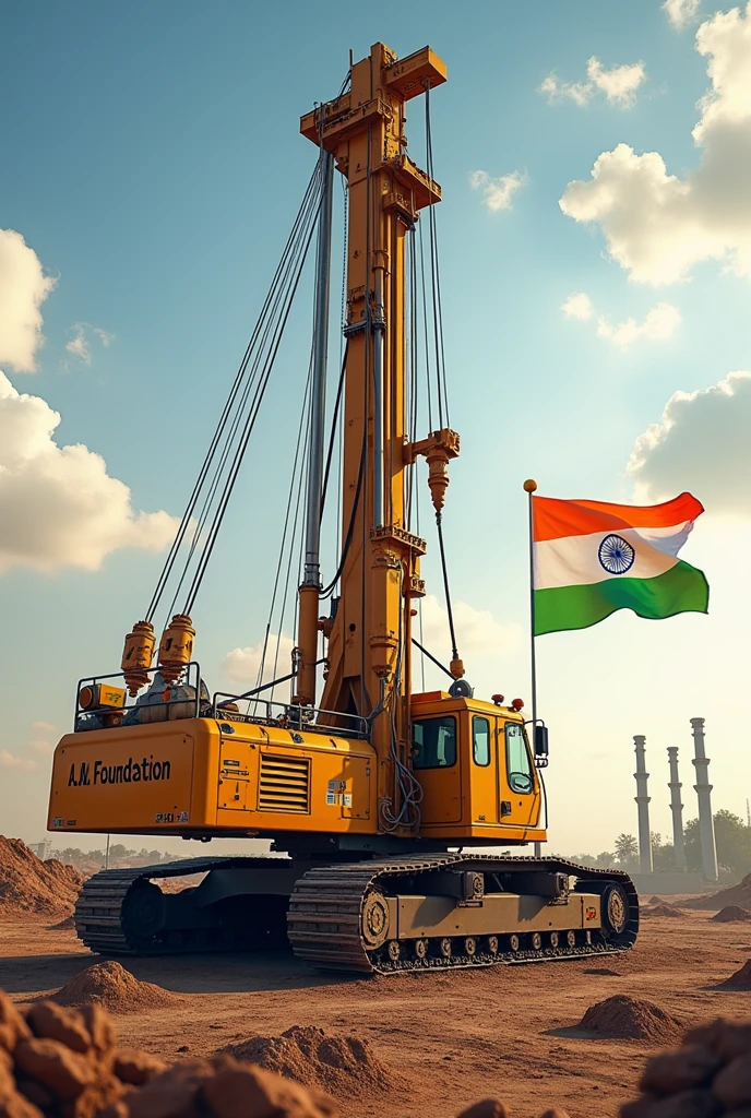 I want a picture of piling machine with the name of my company written on the machine - A.N.foundation with a good and best font wishing independence day of india with indian flag and theme of Indian flag