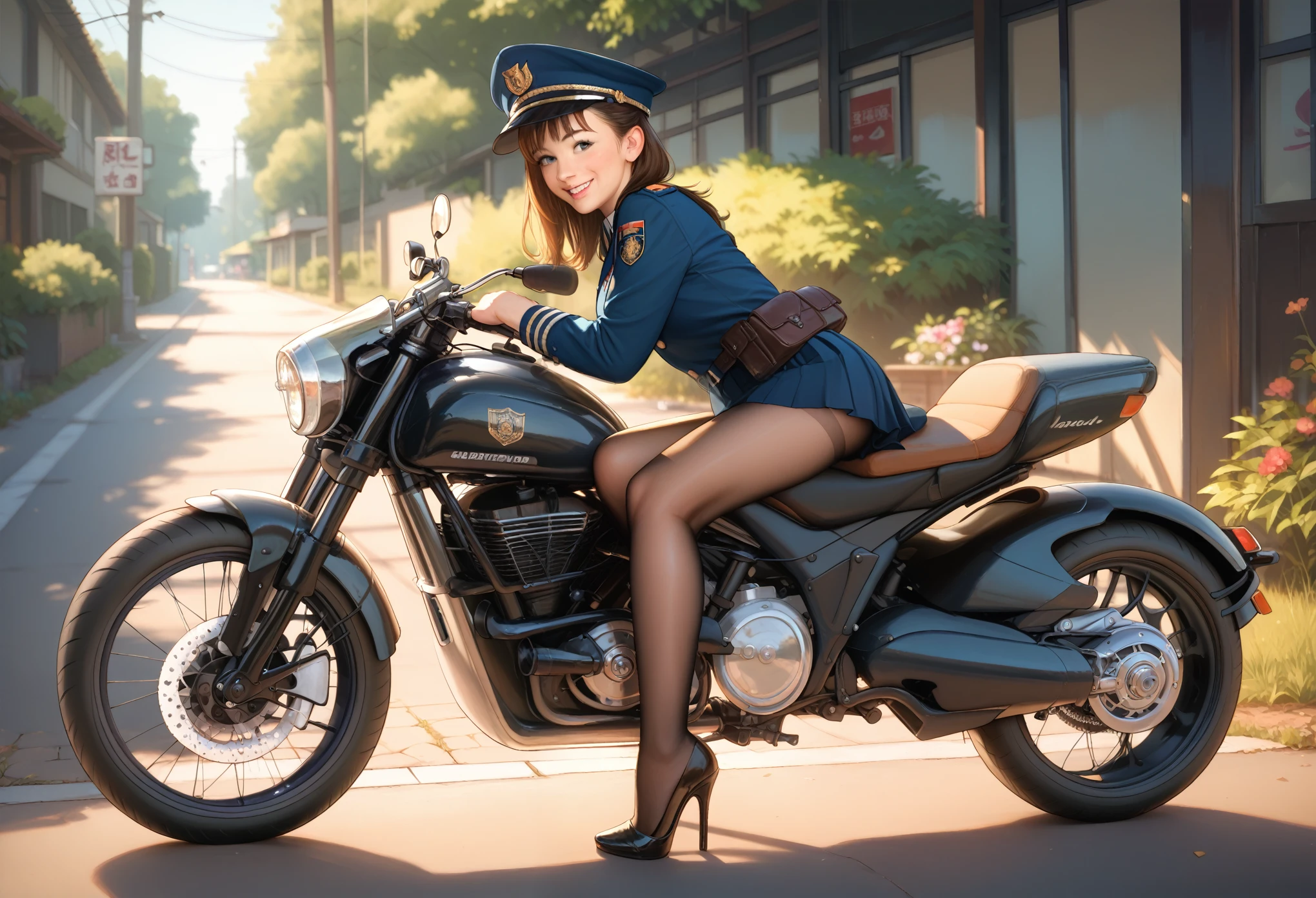 Sexy woman in navy uniform, Japanese, Japanese goddess, phenomenal beauty, wearing ultra-realistic pantyhose, sitting cross-legged on a motorcycle, smiling, high heels, maste piece, best quality, photorealistic, raw photo, 8K, high resolution, detailed skin, 8K UHD, DSLR, soft lighting, high quality, film grain, FujifilmXT3,