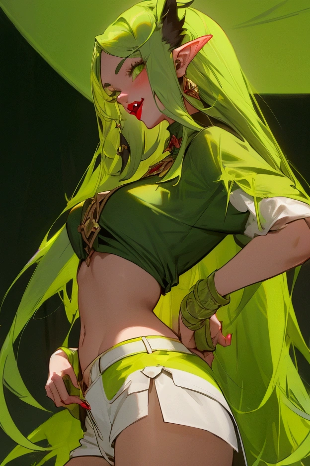 1 girl. Dark green long hair. light green eyes. Red lips. fangs. Yellow short top. gray shorts. elfs' ears.