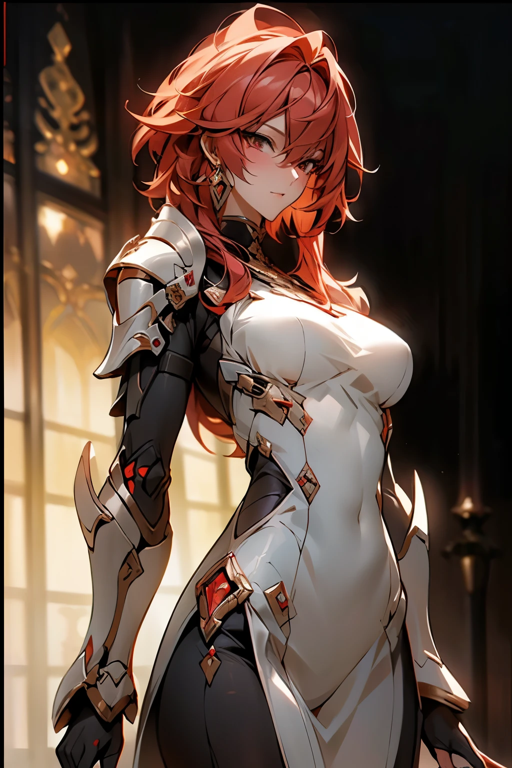 ((best quality)), ((Masterpiece)), (details:1.4), 3d, HDR (high dynamic range), an image of a beautiful cyberpunk female, SLEEK Style, Red hair, Red eyes, จมูกโด่ง, ปากแดง, หน้าอกใหญ่, nvidia RTX, PBR surface, After processing, Anisotropic filtration,depth of field, Maximum clarity and clarity, multi-layered surface, Subsurface scattering, perfect proportions, 8K raw files, ความละเอียดสุดยอด, Unreal 5, Perfect proportions, Octane Render, Two-tone lighting, Wide aperture, Low ISO, รายละเอียดดวงตา, Holy Paladin, Light Red armor, Holy Paladin Helmet, jewely, ต่างหู