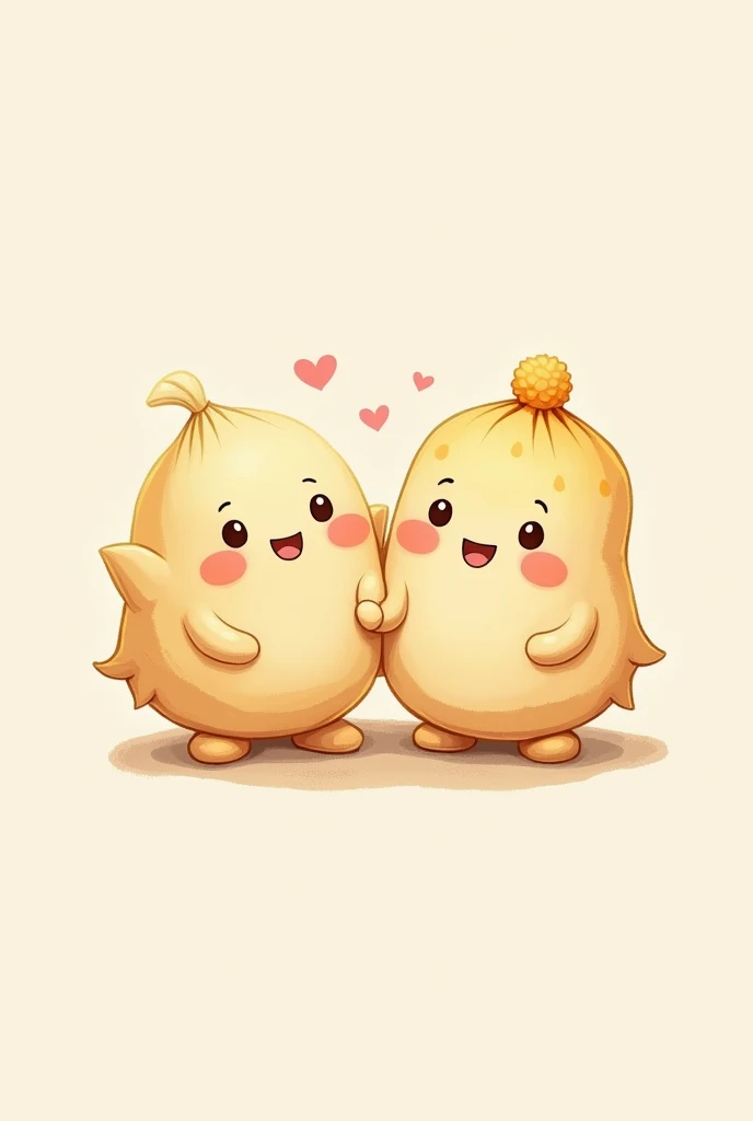 Design a logo of Wonton and dumpling shop, a dumpling figurine and a Wonton figurine hand in hand, cute illustration style