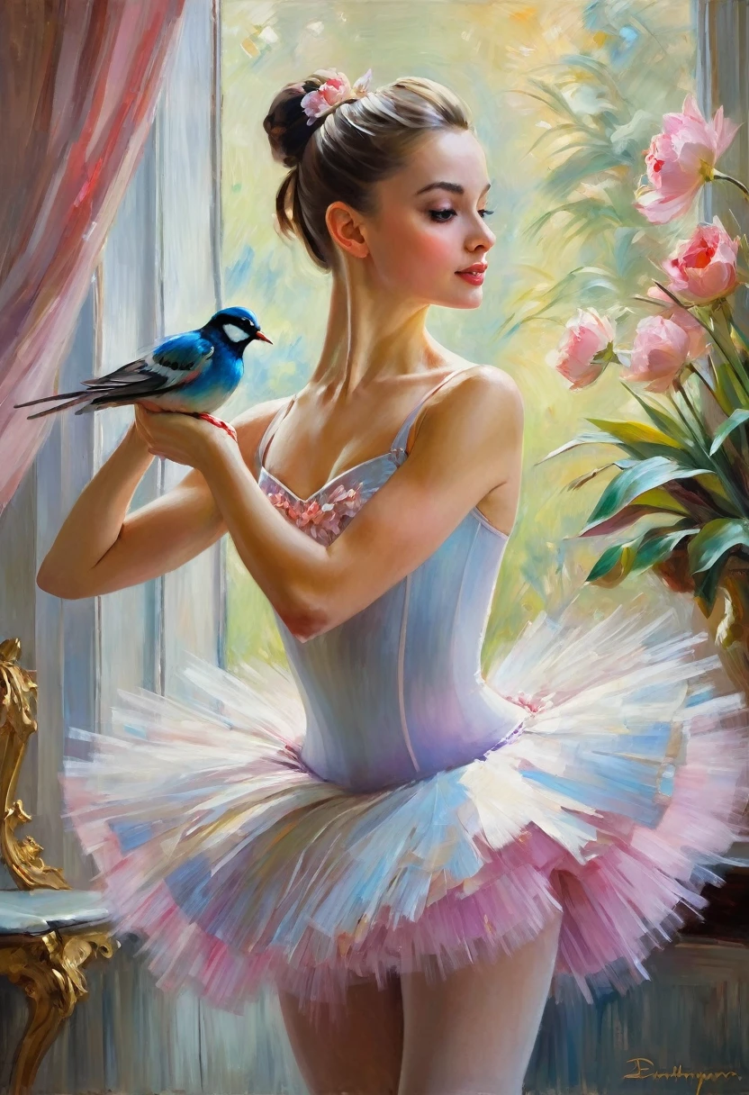 Impressionist painting of a woman in tutu with a bird in her hand, portrait of a ballerina, ballerina, prima ballerina, ballerina, Daniel Gerhartz, konstantin razumov, ( ( ( konstantin razumov ) ), vadim kashin. ultra realistic, inspired by cynthia sheppard, valentina remenar, volegov, elizabeth polunina