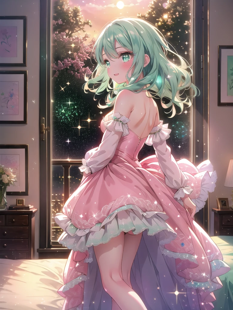 ((8k, Highest quality, masterpiece: 1.3)),Ultra-high resolution,(1 girl, alone), (Color changing eyes, Ultra-detailed, Expressive brilliance, Glitter, Glowing Eyes), Highly detailed eyes, Highly detailed face, Random Hair, ((pastel colour)),A lively young woman with pastel mint-green hair styled into loose waves, standing near her vanity in her softly lit bedroom during a late afternoon. She is dressed in a modest yet subtly sexy ballerina cosplay, wearing a light pink tutu, a fitted leotard, and ballet slippers. The camera captures her from a frontal angle as she practices a graceful pose with a bright smile, her expression full of elegance and joy. The room is warmly lit by the setting sun, with a few ballet posters on the wall, a small music box playing softly, and a delicate, artistic atmosphere,(nsfw:1.3)