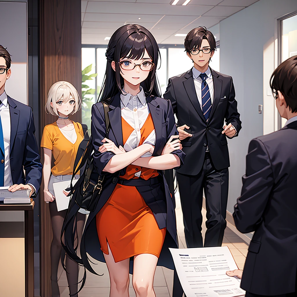 A scene featuring three characters: a man, a woman, and a businesswoman. The man is on the left, wearing a short-sleeve polo shirt and glasses, holding a document. The woman is next to him, linking arms with him, and wearing a casual orange top with a friendly expression. Facing them is a businesswoman with short black hair, dressed in formal attire, handing them a document. The setting is a bright, indoor environment, resembling an office or sales center. The image includes two speech bubbles: The businesswoman is saying, 'Silahkan pak, bu, unit apartment kami lagi promo, DP bisa dicicil dan bunganya flat lho~', and the woman in the couple responds, 'Oh iya, makasih mbak.' The style of the image is modern and clean, with a soft, anime-like aesthetic. Ensure all three characters are clearly visible and interacting.