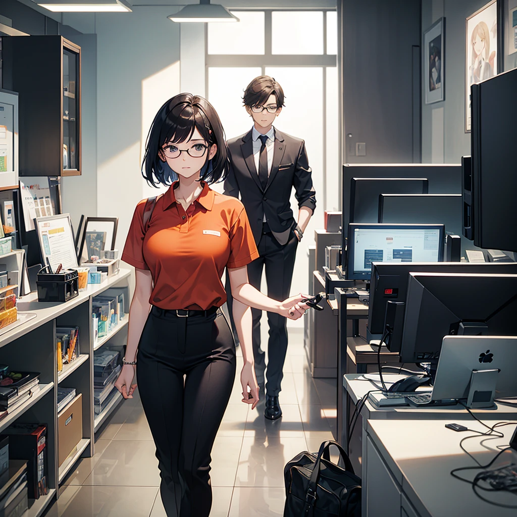 A scene featuring three characters: a man, a woman, and a businesswoman. The man is on the left, wearing a short-sleeve polo shirt and glasses, holding a document. The woman is next to him, linking arms with him, and wearing a casual orange top with a friendly expression. Facing them is a businesswoman with short black hair, dressed in formal attire, handing them a document. The setting is a bright, indoor environment, resembling an office or sales center. The image includes two speech bubbles: The businesswoman is saying, 'Silahkan pak, bu, unit apartment kami lagi promo, DP bisa dicicil dan bunganya flat lho~', and the woman in the couple responds, 'Oh iya, makasih mbak.' The style of the image is modern and clean, with a soft, anime-like aesthetic. Ensure all three characters are clearly visible and interacting.