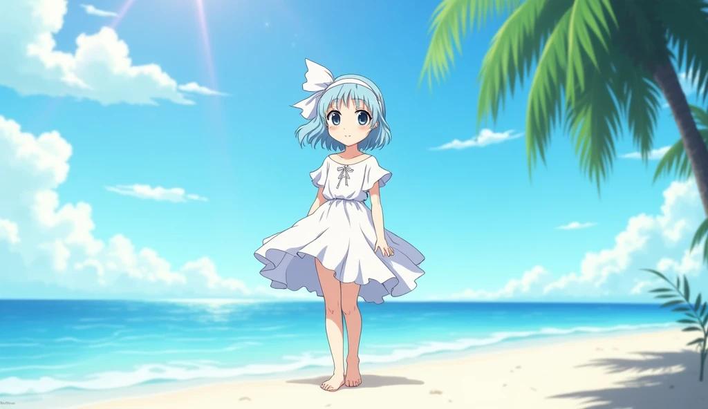 80s Anime,old anime,Long lashes,,White skin,Shortcuts, smile, Headband, White dress,Highest quality, Lens flare, Wide angle, Illustration, White sand beach,Ocean,Palm tree