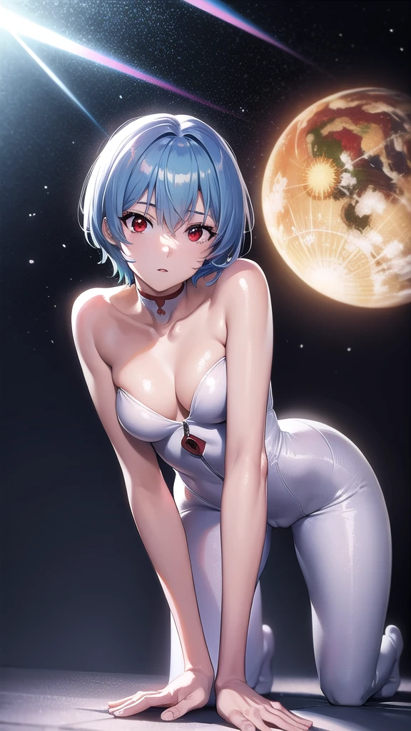 BREAK looking at viewer, BREAK (masterpiece:1.2), best quality, high resolution, unity 8k wallpaper, (illustration:0.8), (beautiful detailed eyes:1.6), extremely detailed face, perfect lighting, extremely detailed CG, (perfect hands, perfect anatomy),spaceship,stars,planets,milkyway,rei ayanami, blue hair, short hair, (red eyes:1.5),
bodysuit, headgear, plugsuit, white bodysuit,camel toe,cleavege,neckline,on knees,bend over, on all fours