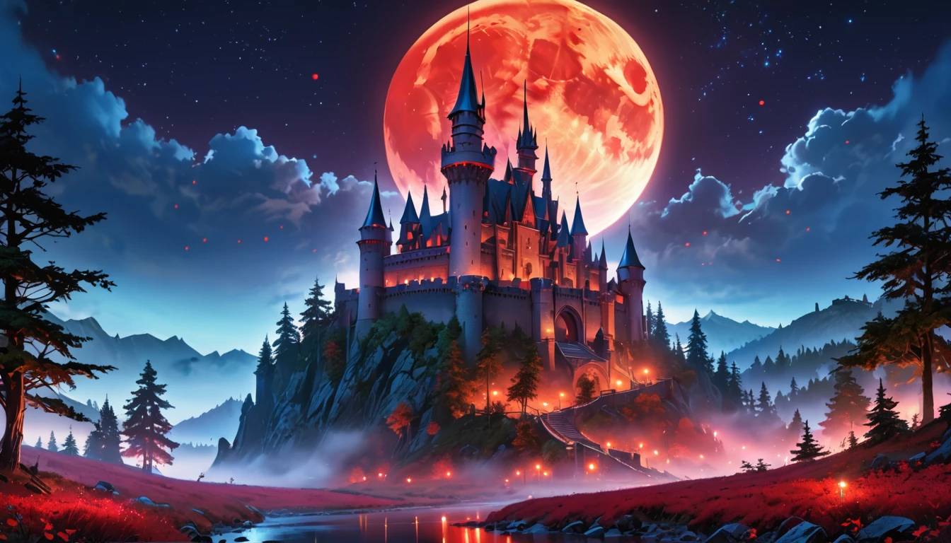 a picture of mist covered fantasy castle at night, half covered by the ((mist: 1,5)), mist ((covers half the castle: 1.4)),  a dark fantasy castle, (goth castle: 1.4), with towers and (red light : 1.4) coming out of the windows, the castle sits on a hill with few trees, the ((mist covers the ground and some of the castle)), it is night time, the blue moon is full, dynamic color moon, some stars, dark fantasy forest,  (best details, Masterpiece, best quality :1.5), ultra best realistic pictures , best details, best quality, 16k, [ultra detailed], masterpiece, best quality, (extremely detailed), ultra wide shot, photorealism, depth of field,