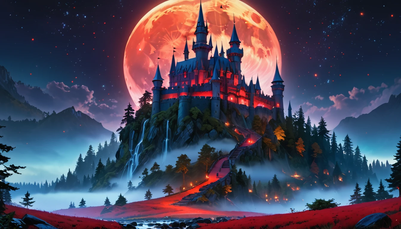 a picture of mist covered fantasy castle at night, half covered by the ((mist: 1,5)), mist ((covers half the castle: 1.4)),  a dark fantasy castle, (goth castle: 1.4), with towers and (red light : 1.4) coming out of the windows, the castle sits on a hill with few trees, the ((mist covers the ground and some of the castle)), it is night time, the blue moon is full, dynamic color moon, some stars, dark fantasy forest,  (best details, Masterpiece, best quality :1.5), ultra best realistic pictures , best details, best quality, 16k, [ultra detailed], masterpiece, best quality, (extremely detailed), ultra wide shot, photorealism, depth of field,