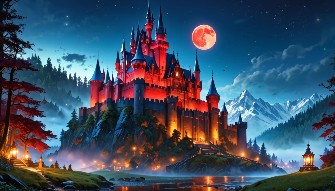 a picture of mist covered fantasy castle at night, half covered by the ((mist: 1,5)), mist ((covers half the castle: 1.4)),  a dark fantasy castle, (goth castle: 1.4), with towers and (red light : 1.4) coming out of the windows, the castle sits on a hill with few trees, the ((mist covers the ground and some of the castle)), it is night time, the blue moon is full, dynamic color moon, some stars, dark fantasy forest,  (best details, Masterpiece, best quality :1.5), ultra best realistic pictures , best details, best quality, 16k, [ultra detailed], masterpiece, best quality, (extremely detailed), ultra wide shot, photorealism, depth of field,
