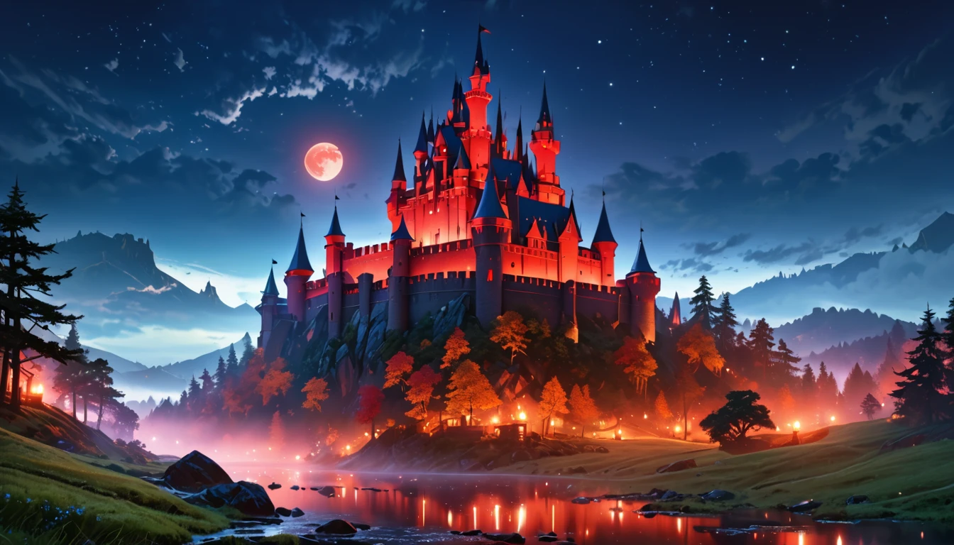 a picture of mist covered fantasy castle at night, half covered by the ((mist: 1,5)), mist ((covers half the castle: 1.4)),  a dark fantasy castle, (goth castle: 1.4), with towers and (red light : 1.4) coming out of the windows, the castle sits on a hill with few trees, the ((mist covers the ground and some of the castle)), it is night time, the blue moon is full, dynamic color moon, some stars, dark fantasy forest,  (best details, Masterpiece, best quality :1.5), ultra best realistic pictures , best details, best quality, 16k, [ultra detailed], masterpiece, best quality, (extremely detailed), ultra wide shot, photorealism, depth of field,