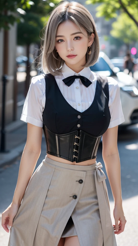 Girls, gray-haired, short-haired, yellow-eyed, small breasts, cat hair ornament, sidelocks, gray-haired, shiny hair, uniform, (golden eyes: 1.2), (two long triangular extensions on the skirt, vest corset on the stomach), white buttons of the vest corset, (stripped shirt with short sleeves under the vest corset), (sleeves ends closer to the arms), (thick ribbon of black color on the neck), ( short magenta skirt),