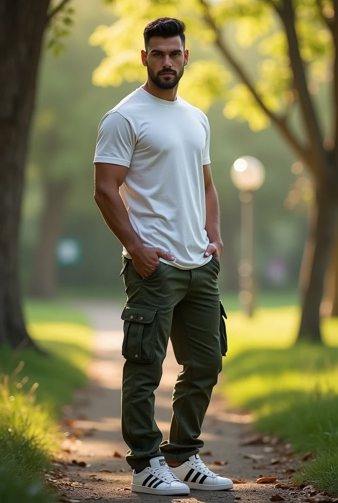A tall dark handsome man, standing, wearing white tshirt on top with olive cargo pants and casual Adidas shoes. Short black hair, soft lighting, outdoor in natural park, calm and relaxed pose, realistic, intricate details, warm colors