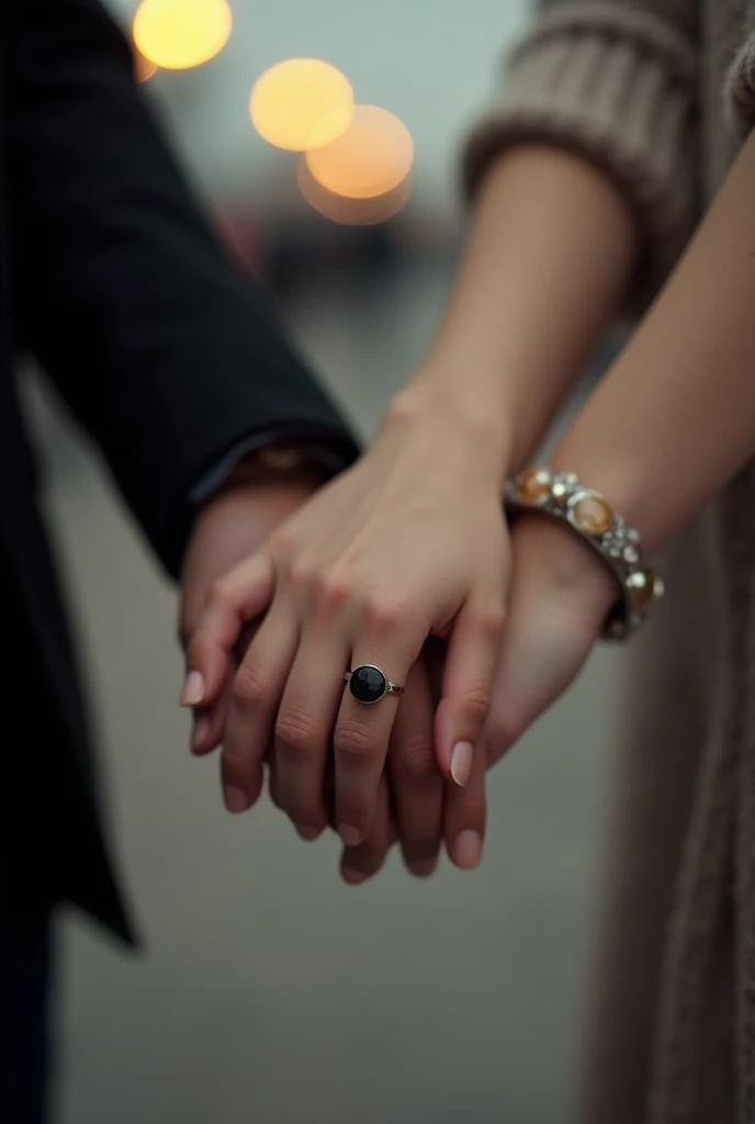 a pinterest-style photo of two hands intertwined, one hand is pale with light pink knuckles, it wears a black ring on its ring finger and a black long sleeve and the other is a woman's small hand with light brown skin, everything is blurred with building lights 