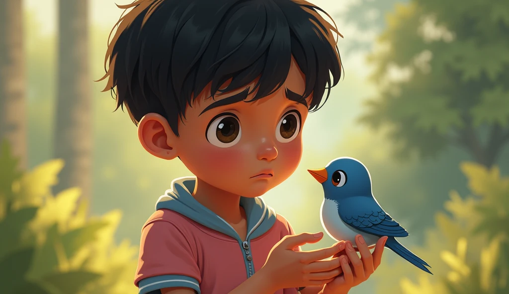 Ali gently picking up the bird and cradling it in his hands with a concerned look on his face.
Ali is a 12 year old with black hair, wearing light pink shirt and brown jeans.
Birth is of blue colour. And the bird is hurt and have broken wing.