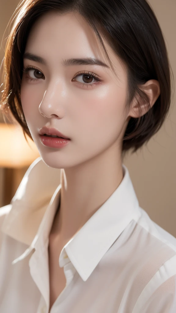 (8k),(RAW Photos),(Highest quality),(masterpiece:1.2),(One woman),(Super beautiful face),(Super detailed),(Slender body),Realistic skin luster,Collared shirt,Very Short Hair,close_up,room,(Slanted Eyes),Thin eyebrows