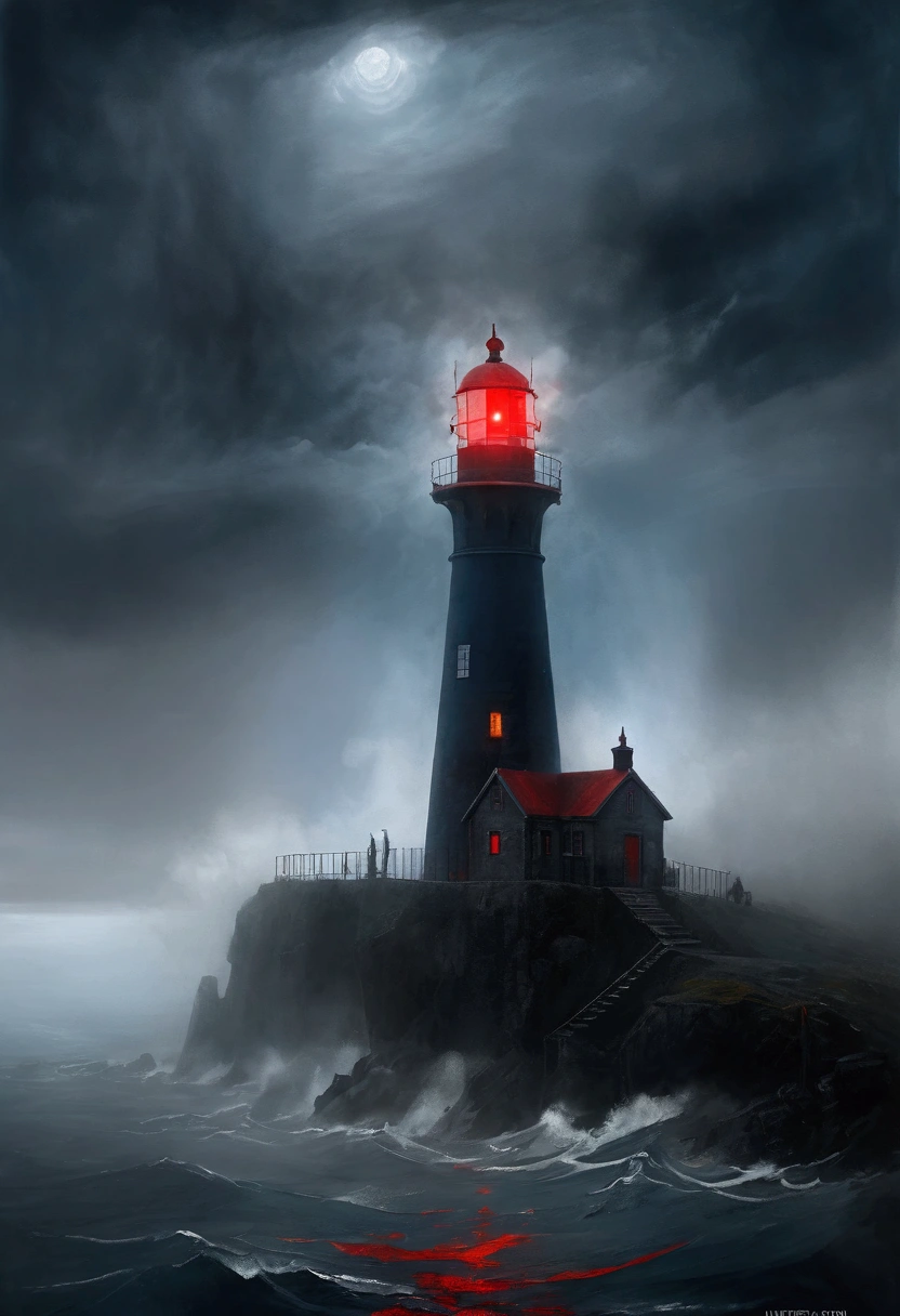 (Shrouded in thick fog island), atmospheric mysterious landscape, fantastic moody weather, dramatic lighting, cinematic composition, ethereal vibe, deep blues and grays, fantasy art, concept art,  (oil painting), Black and White, poor visibility, (Inspiration comes from：James Ensor),The lighthouse emits a red light.