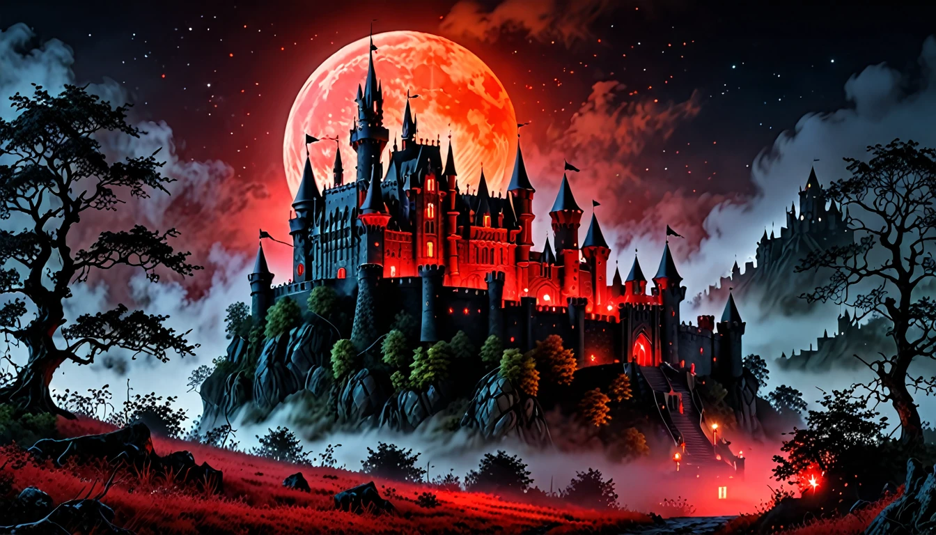a picture of mist covered fantasy castle at night, half covered by a ((mist: 1,5)),  a dark fantasy castle, (goth castle: 1.4), with towers and (red light : 1.4) coming out of the windows, the castle sits on a hill with few trees, the ((mist covers the ground and some of the castle)), it is night time, the moon is full, dynamic color moon, some stars, dark fantasy forest,  (best details, Masterpiece, best quality :1.5), ultra best realistic pictures , best details, best quality, 16k, [ultra detailed], masterpiece, best quality, (extremely detailed), ultra wide shot, photorealism, depth of field,