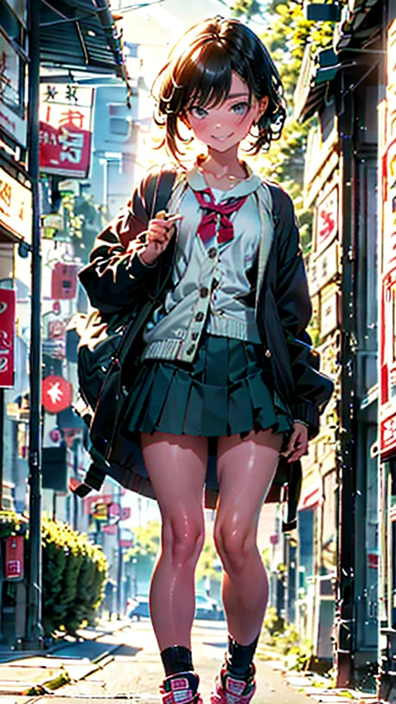 (8k, RAW Photos, 最high quality, masterpiece:1.2), high qualityのRAWカラー写真, Professional photo shoot, Cinematic Light, alone, (((young woman, Gal))), (Sharp features), (Small face), (Skin with attention to detail:1.2), clavicle, Cute Face, Beautiful appearance, Long eyelashes,Girl Turning Around, smile, (Black Hair, Braid、Short Hair), high school girl, mini skirt, A large gray cardigan、sneakers, Backpack, Night Park, Confident attitude, Capture the happy moment, Artistic painting,Attractive thighs, (Very nice touch:1.2), (はにかんだsmile), Peaceful atmosphere, Oil painting style, Bright colors, (Are standing:1.5, Inside a convenience store, Full body portrait), Smooth texture, Gazing Eyes, Beautiful Skin, Glowing Skin, ((Perfect Fingers, Five Fingers, Anatomically correct)), Background Blur, high quality, Surreal, ((Very detailed, photo shoot)),Many people々、blush、Plump