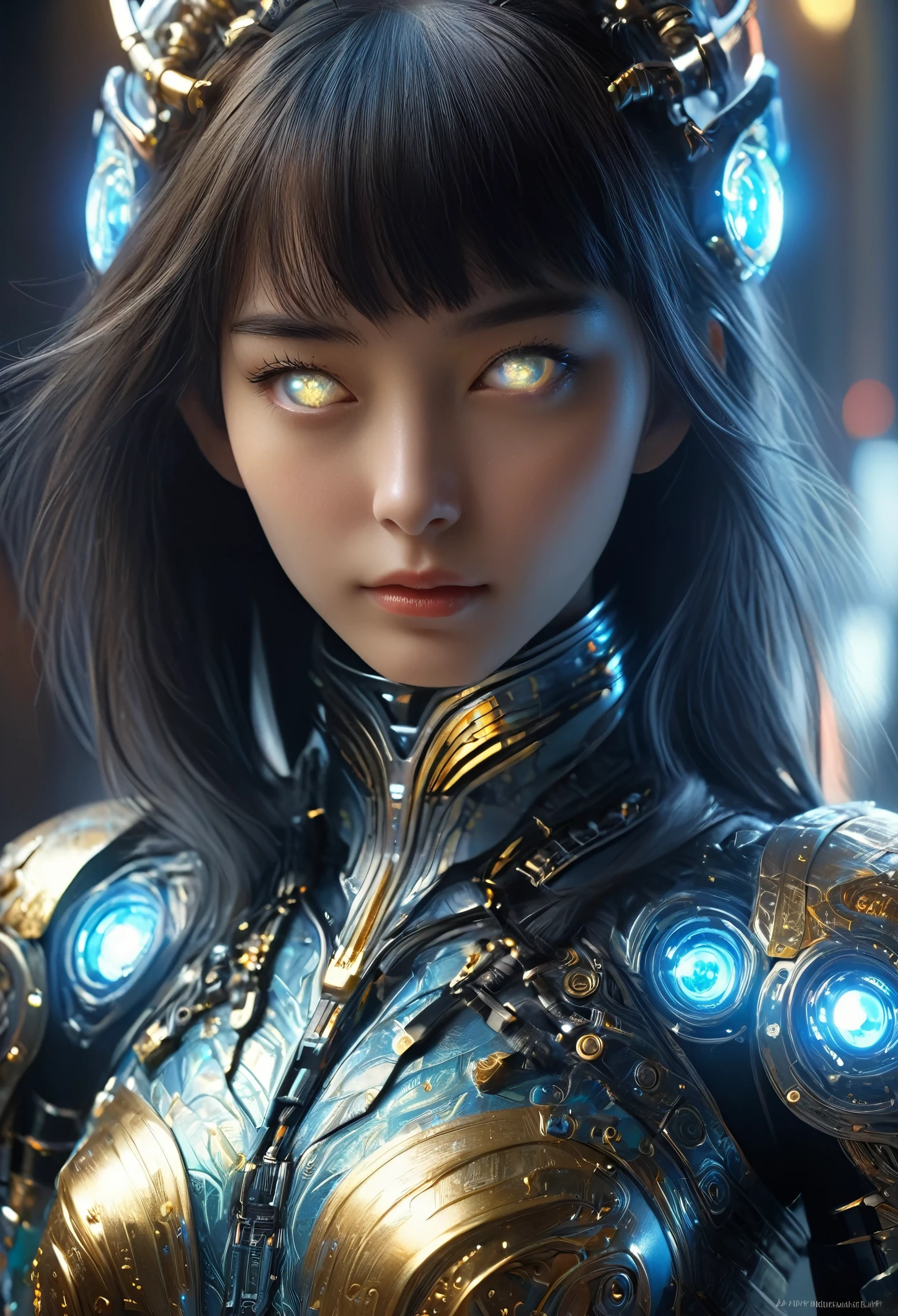 (Best Quality, 4K, 8K, High Resolution, Masterpiece: 1.2), (Super Detailed, Realistic, Photorealistic:1.37), A woman in futuristic clothing, Trending on cgstation, Trending on cgstation, (Portrait of a girl in the Knights of the Zodiac:1.4), blunt bangs, Cute Cyborg Girl, Perfect android girl, Portrait Astronaut Girl, Beautiful girl cyborg, (Girl wearing iridescent and blue black mechanical cyber armor:1.3), Game CG, cgsociety and fenghua zhong, Beautiful Cyborg Shrine Maiden, Bioluminescence, (Yua Yaiba:0.5), (Golden eyes:1.5), Anatomically correct grip, (Sharp and long claws:1.4), erotic and sexy, black, wearing A gorgeous cape with beautifully detailed embroidery, beautiful tits, beautiful breasts, beautiful nipples, (NSFW:1.5)