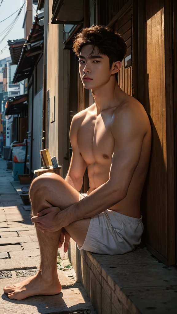 good looking male,alone,logic,((absurdes, High resolution, Super detailed), male, good looking, Tall and muscular male, Very short hair, The optimal ratio is four fingers to one thumb, The best light and shadow, The background is a back alley in Seoul in the 1970s, Detailed Daylight, Sitting, Small cats gathered together , Speckled Daylight, Day, Depth of written boundary, plant, buzzer, (Dutch Angle), 8k, RAW Photos, Highest quality, masterpiece:1.2), (Realistic, photo-Realistic:1.37S Korea men different Korean male koreans with different strking good looking features looks appearances that are moulded sculpted sculptured chiseled sharp angled angular broad high cheekbones full square jawed almond shaped eyes light hazel amber or honey colors monolidded eyes