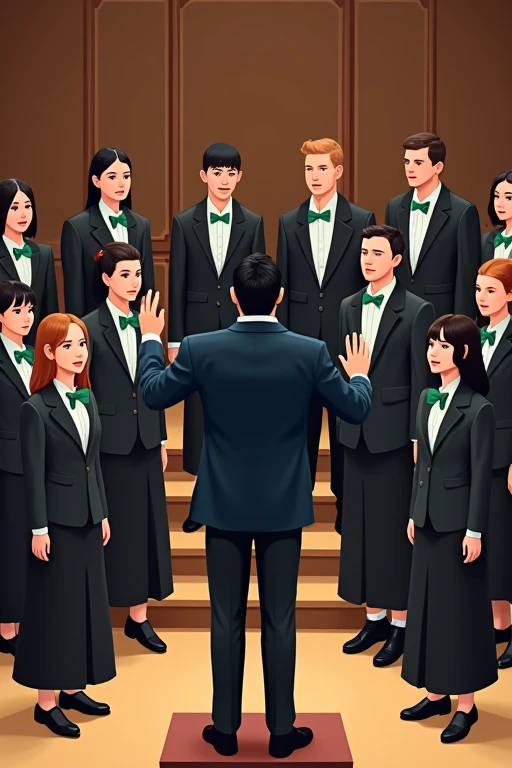 Um grupo coral com 9 mulheres We will sing, dressed in black skirts white shirts green bows black blazer, behind them and a little taller 7 men in the center wearing black pants, white shirts, green ties and a black blazer , In front of this coral, there is a pianist sitting ,two violinists and a cellist sitting playing , facing them is the conductor wearing black pants, a white shirt, a navy blue blazer and a black tie with his hands raised conducting
Note : 2d AI image of an African American in a semi-realistic style, 9 women and 7 men ( We will sing)