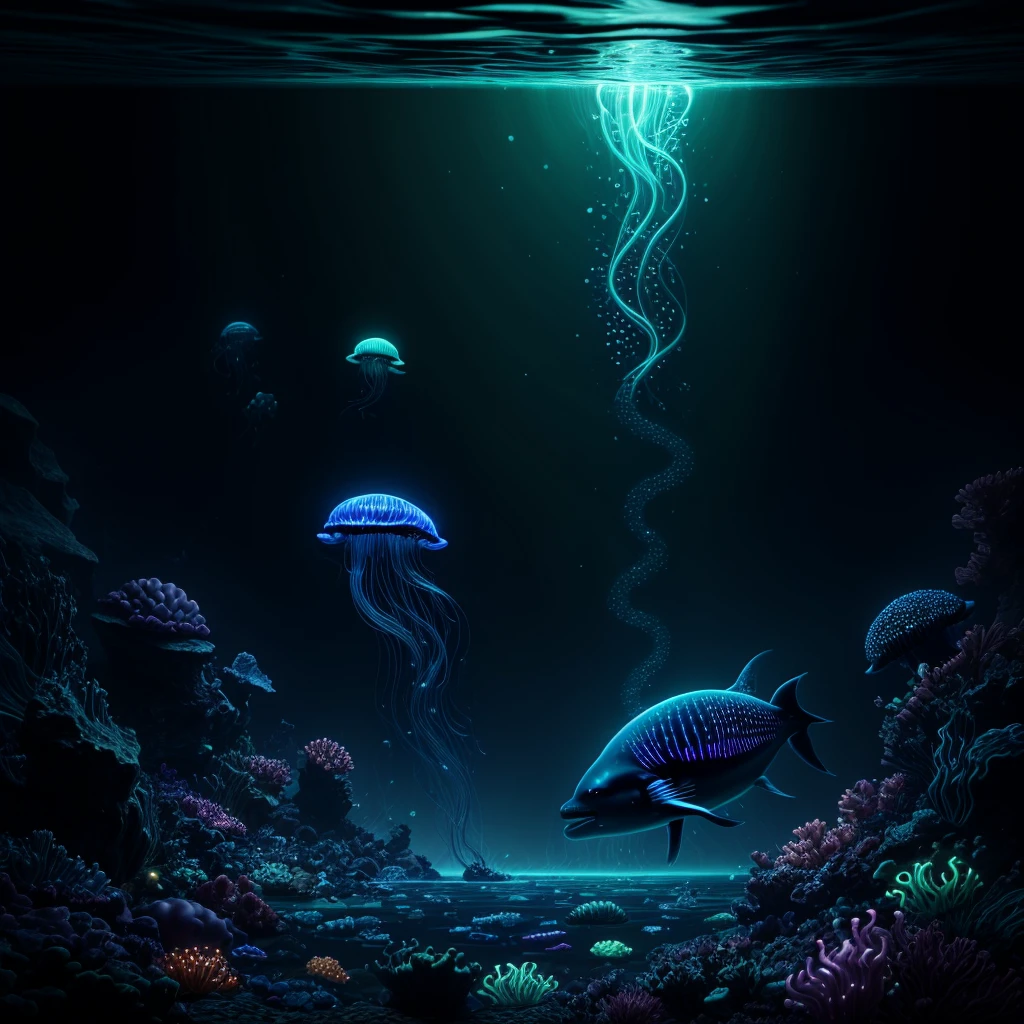 Deep sea nightscape concept: nighttime underwater scene featuring bioluminescent organisms such as jellyfish, glowing plankton, and deep sea fish. The background is dark and mysterious, with neon colors splashing from glowing creatures. A large jellyfish, like a glowing whale swimming peacefully. It has glowing highlights and creates a dreamy, otherworldly atmosphere.
